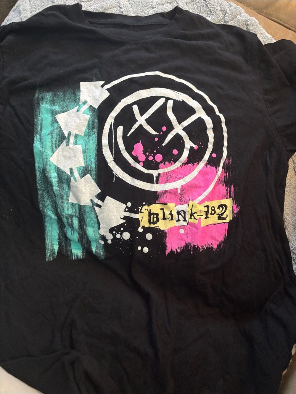 Blink-182 Black Short Sleeve Graphic Tee with Teal & Pink Accents